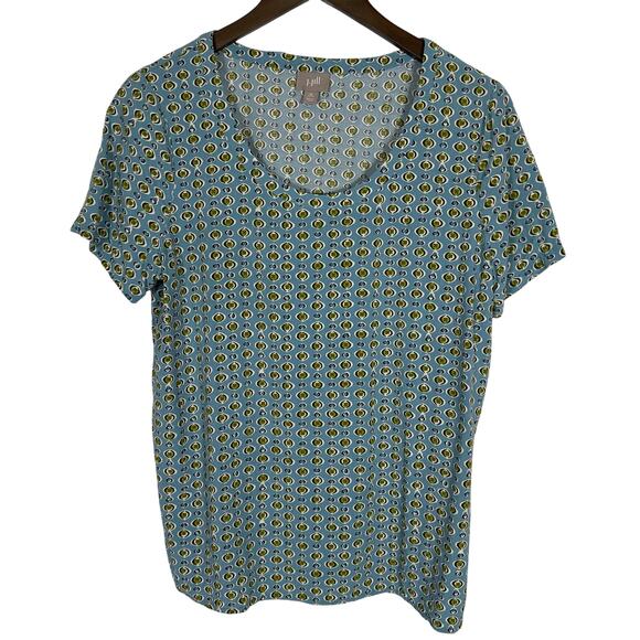 J.Jill‎ Women's Blouse Blue Green Retro Geo Print Short Sleeve Pullover M Petite - Picture 1 of 9